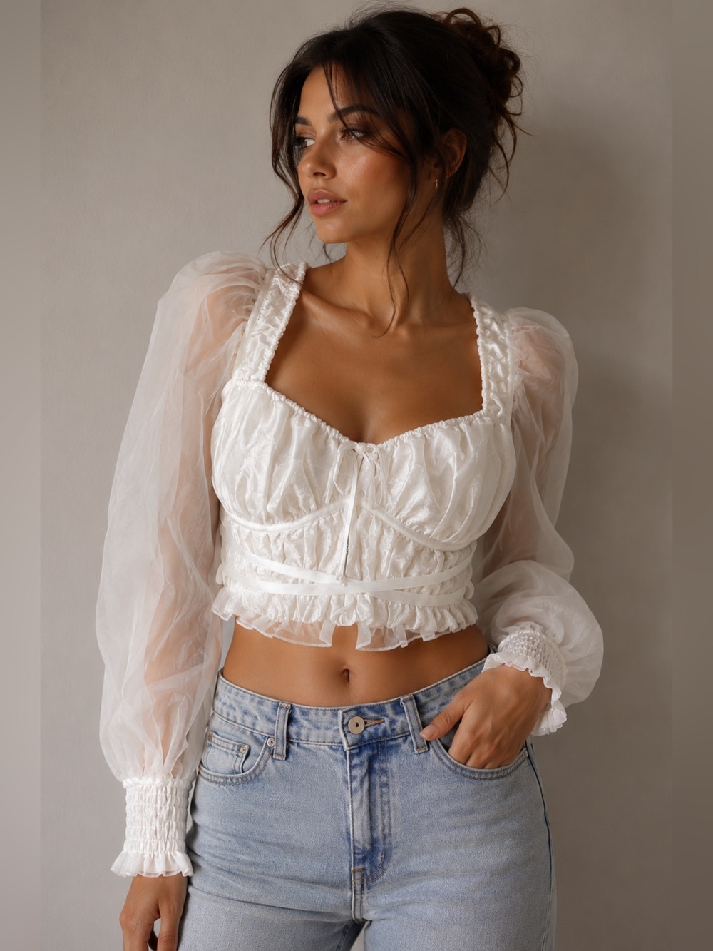 Love & Lemons White Organza Puff Sleeve Crop Top | Size Large